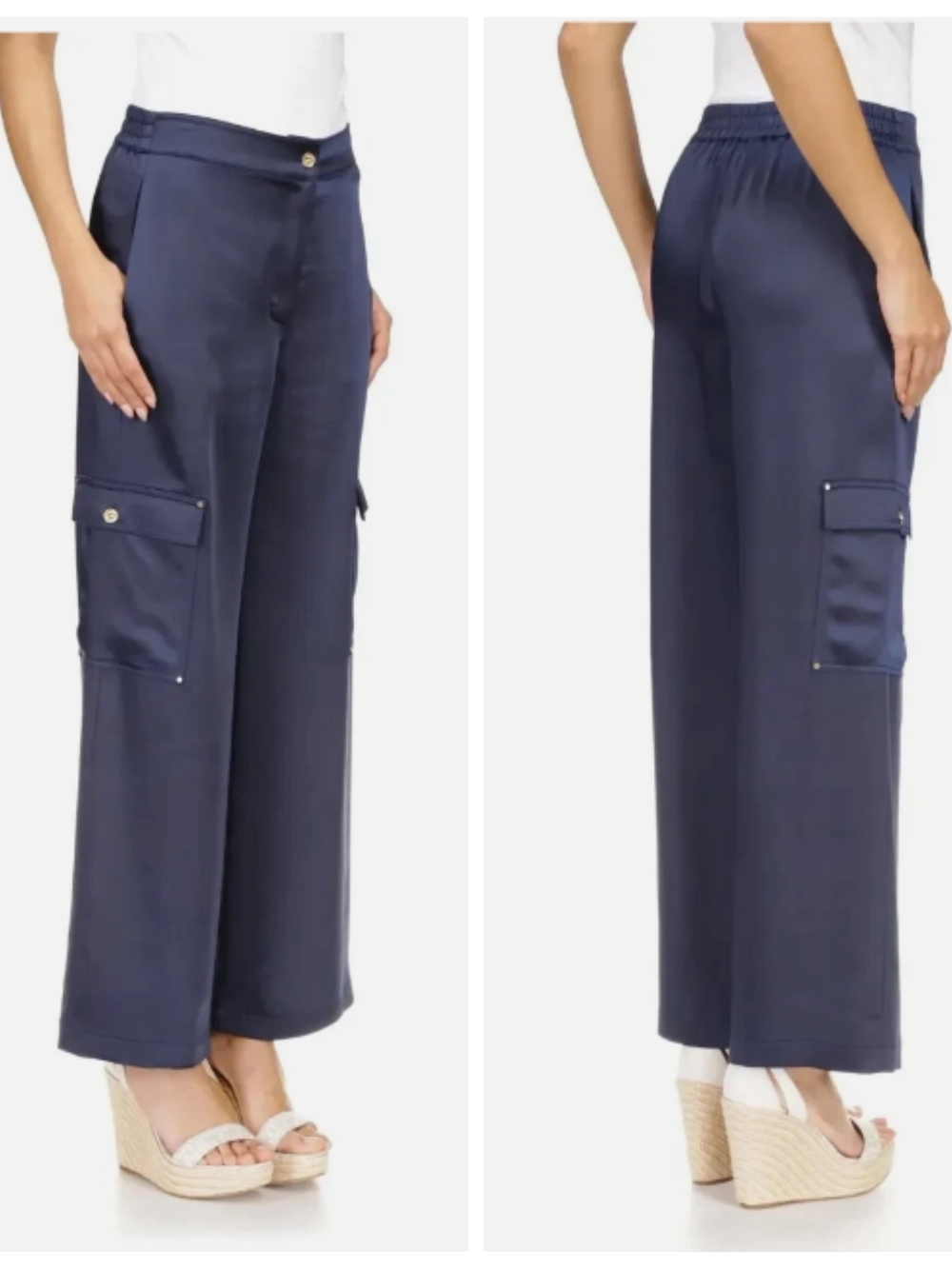 Michael Kors Navy Satin Wide-Leg Cargo Pants Women's Large Sparkle 4